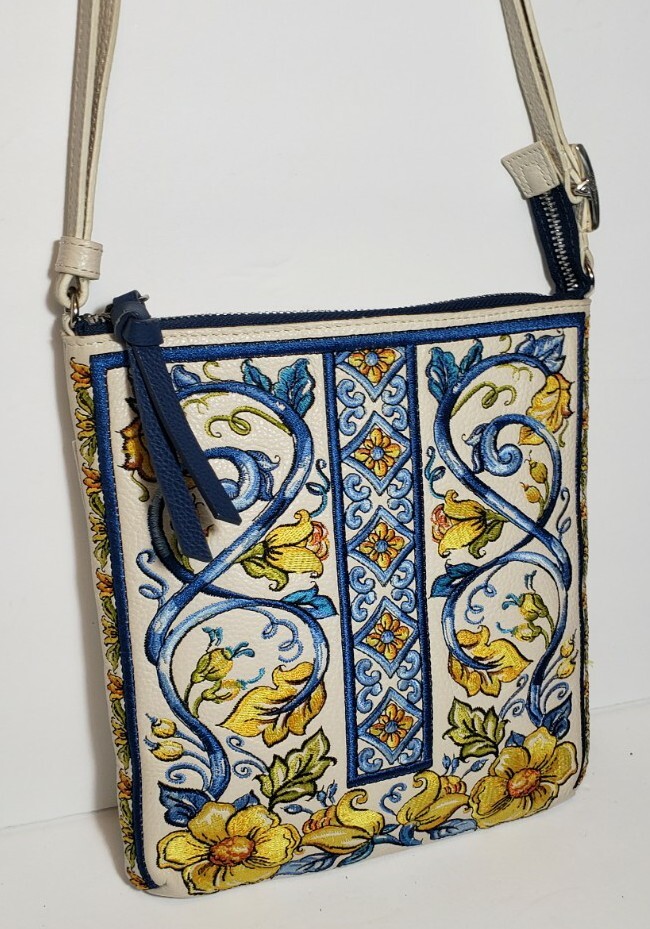 BRIGHTON BELLA LIMONE WHITE LEATHER 108,000 EMBROIDERED STITCHES CORSSBODY POUCH