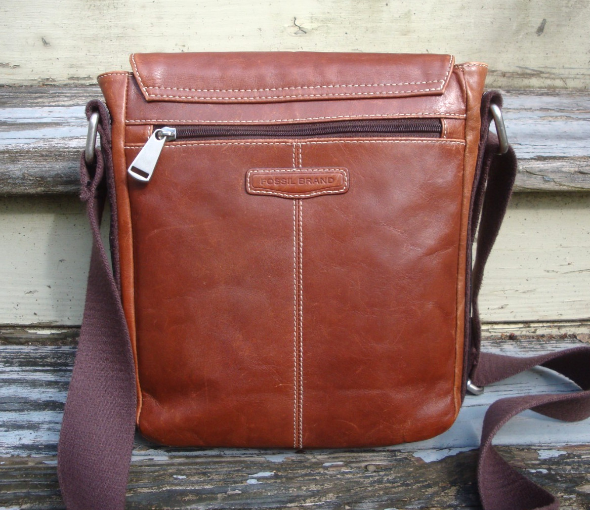 FOSSIL Brown Leather Crossbody Handbag Shoulderbag Boho Mens Messenger Rugged