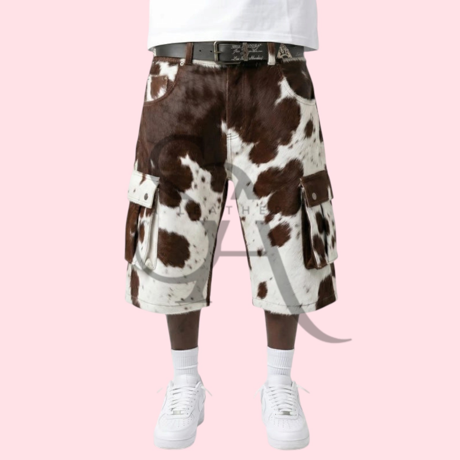Handmade Men’s Real Brown & White Cowhide Leather Cargo Short Hair On Hide Short
