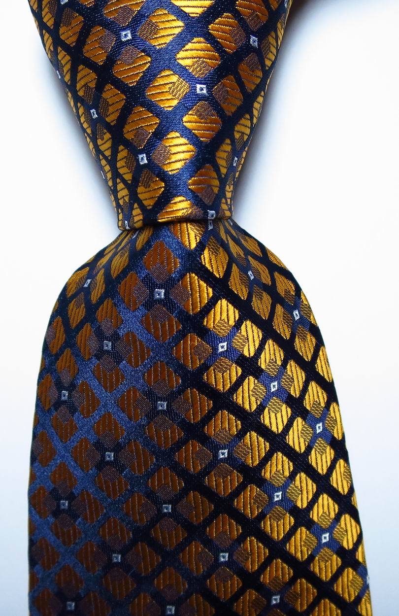 New Classic Checks Gold Dark Blue White JACQUARD WOVEN Silk Men’s Tie Necktie