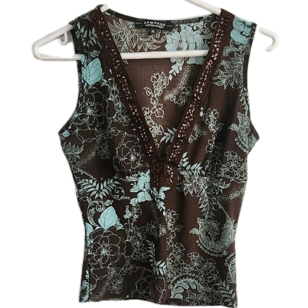 Vtg Rampage Top Juniors M Deep V Neck Brown Print With Sequins At Neck M
