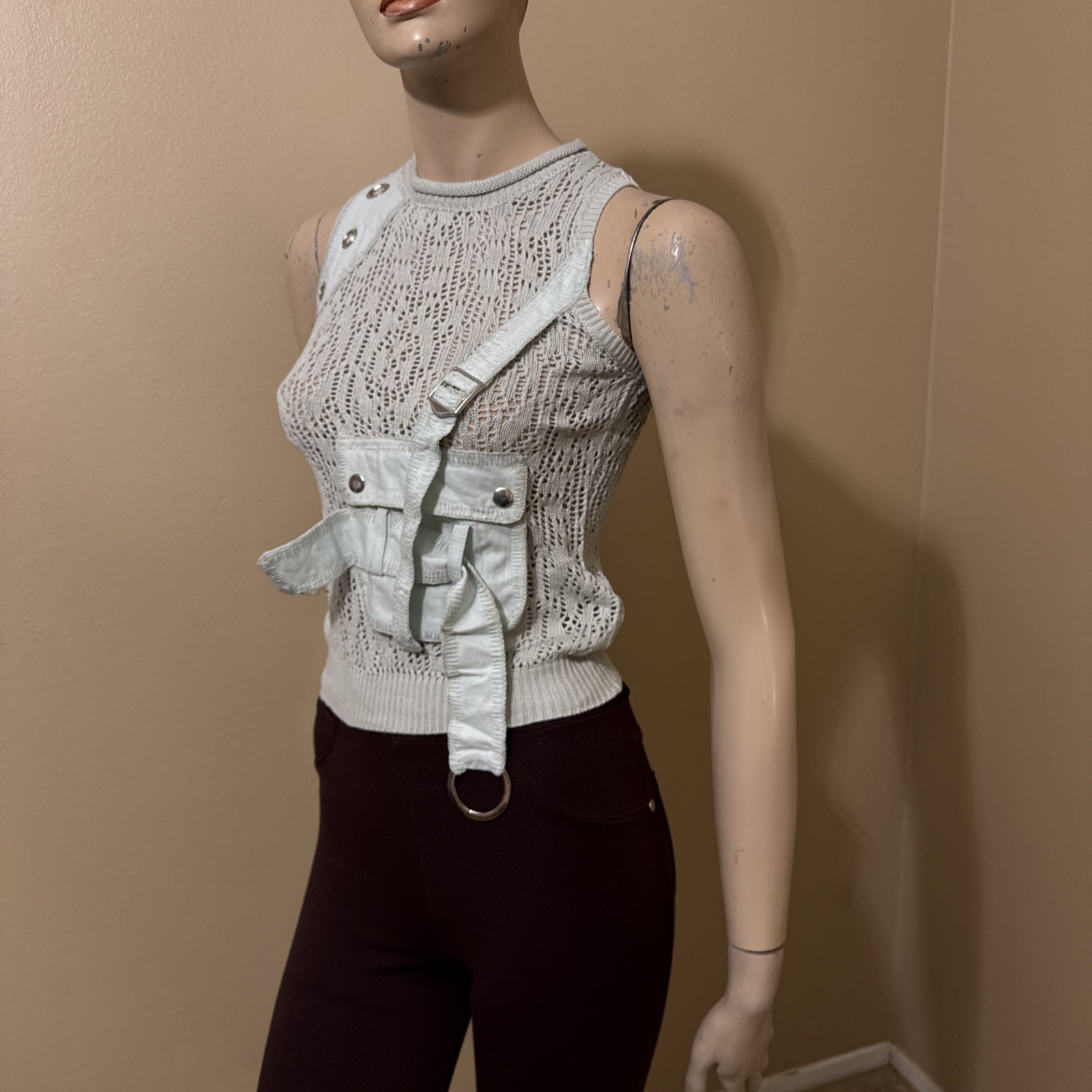 Women’s Light Blue Cotton Casual Stretch Buckle Knitted Pocket Size M/L Blouse