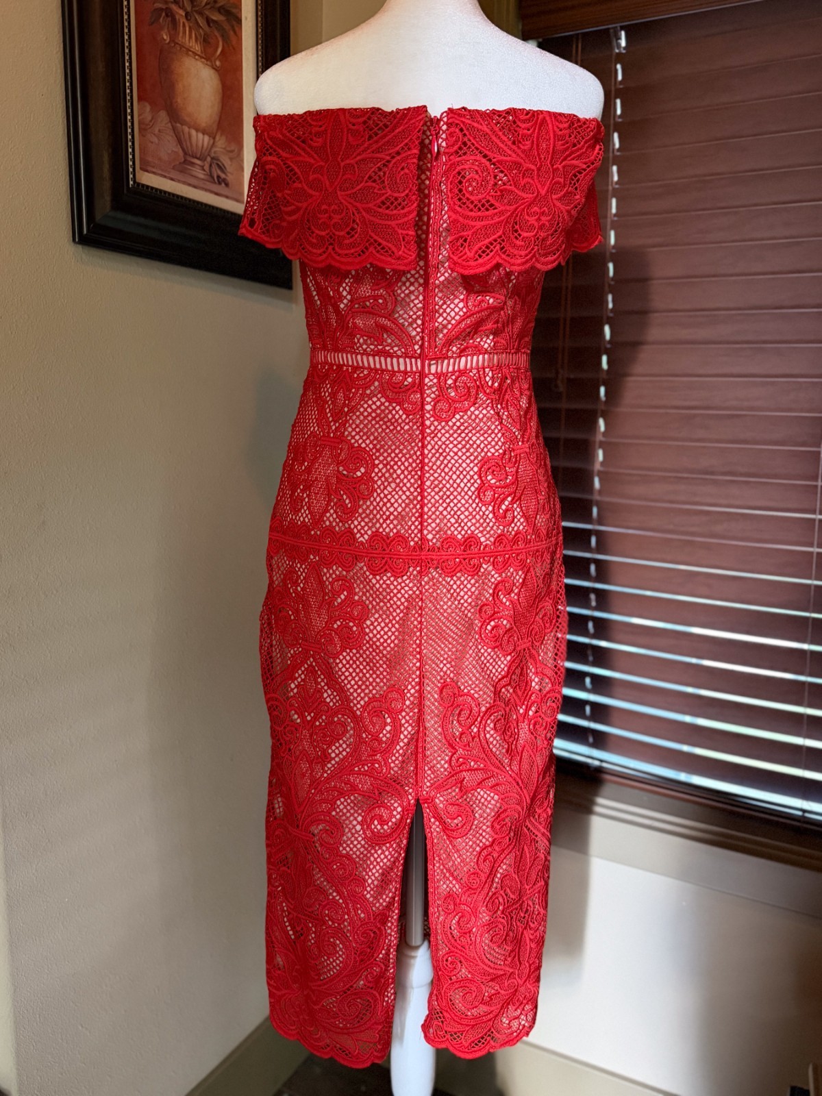 Stylestalker Small Stella Lace Off Shoulder Midi Pencil Dress Red Nude Lace