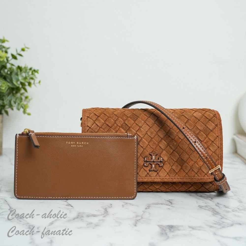 Tory Burch Thea Woven Suede Flat Wallet Crossbody in Chicory Brown NWT