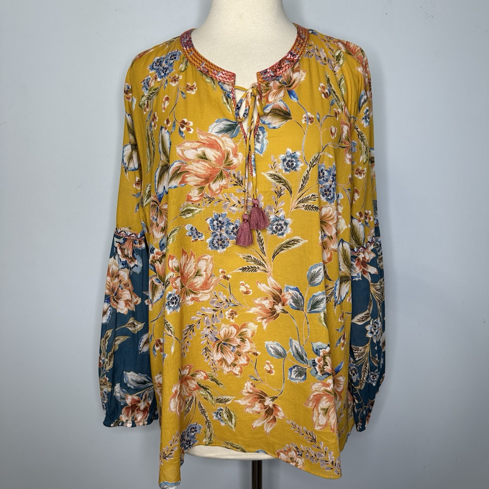 Johnny Was Effortless Peasant Blouse 100% Cotton Mustard Floral Multi Top L/XL