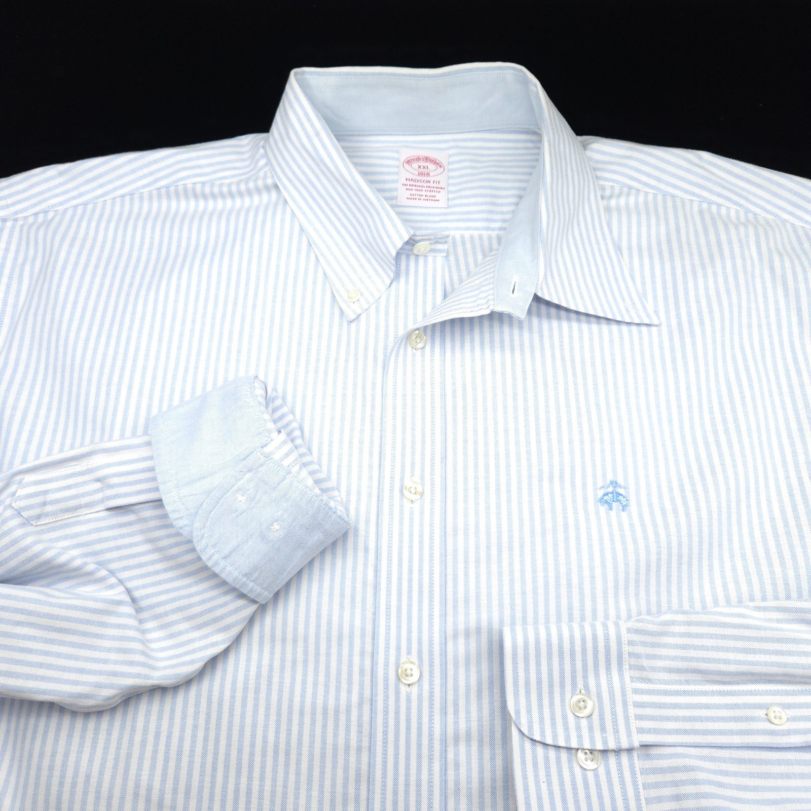 Brooks Brothers Button Shirt -XXL White Blue Stripe Stretch OXFORD Golden Fleece