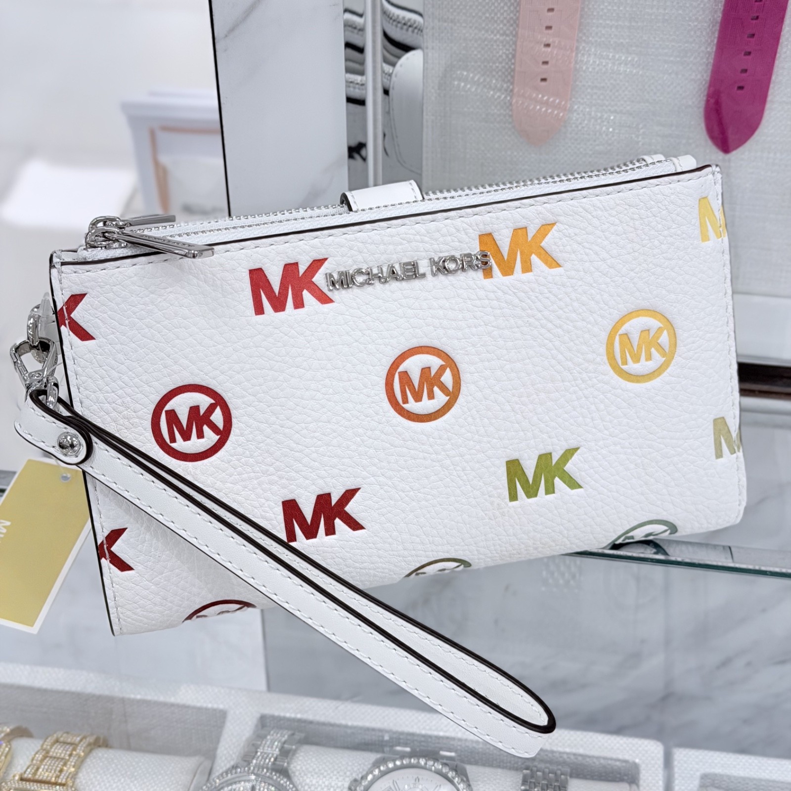 Michael Kors Jet Set Travel Double Zip Wristlet Wallet MK Rainbow Optic White