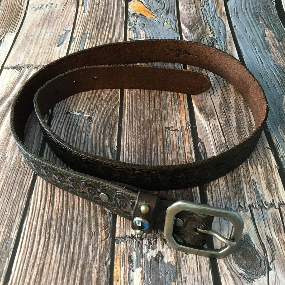 RRL Double RL Vintage Western Brown Tooled Leather Belt with Blue Gem Size 34