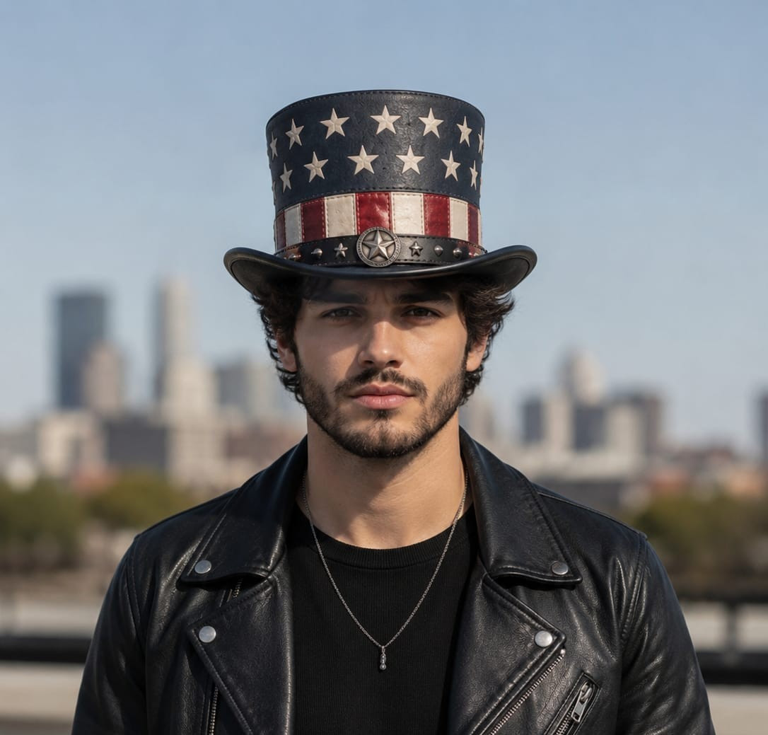 Patriotic Leather Top Hat: Stars Stripes Western Rodeo Style