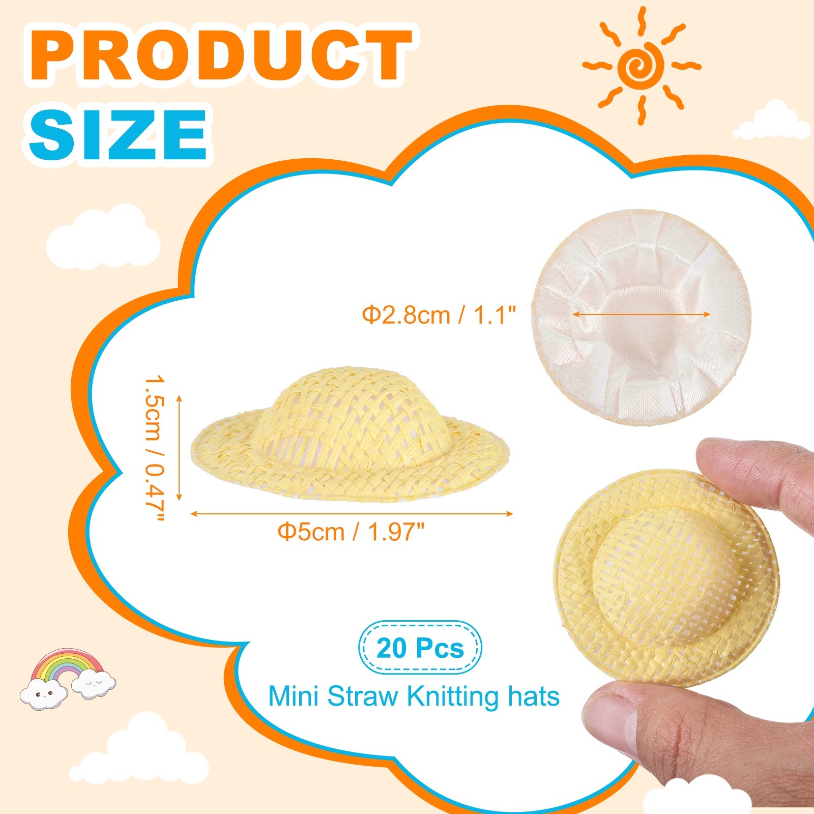 20 Pcs Mini Straw Hats Craft Doll Hats, 5cm x 1.3cm (Bright Yellow)