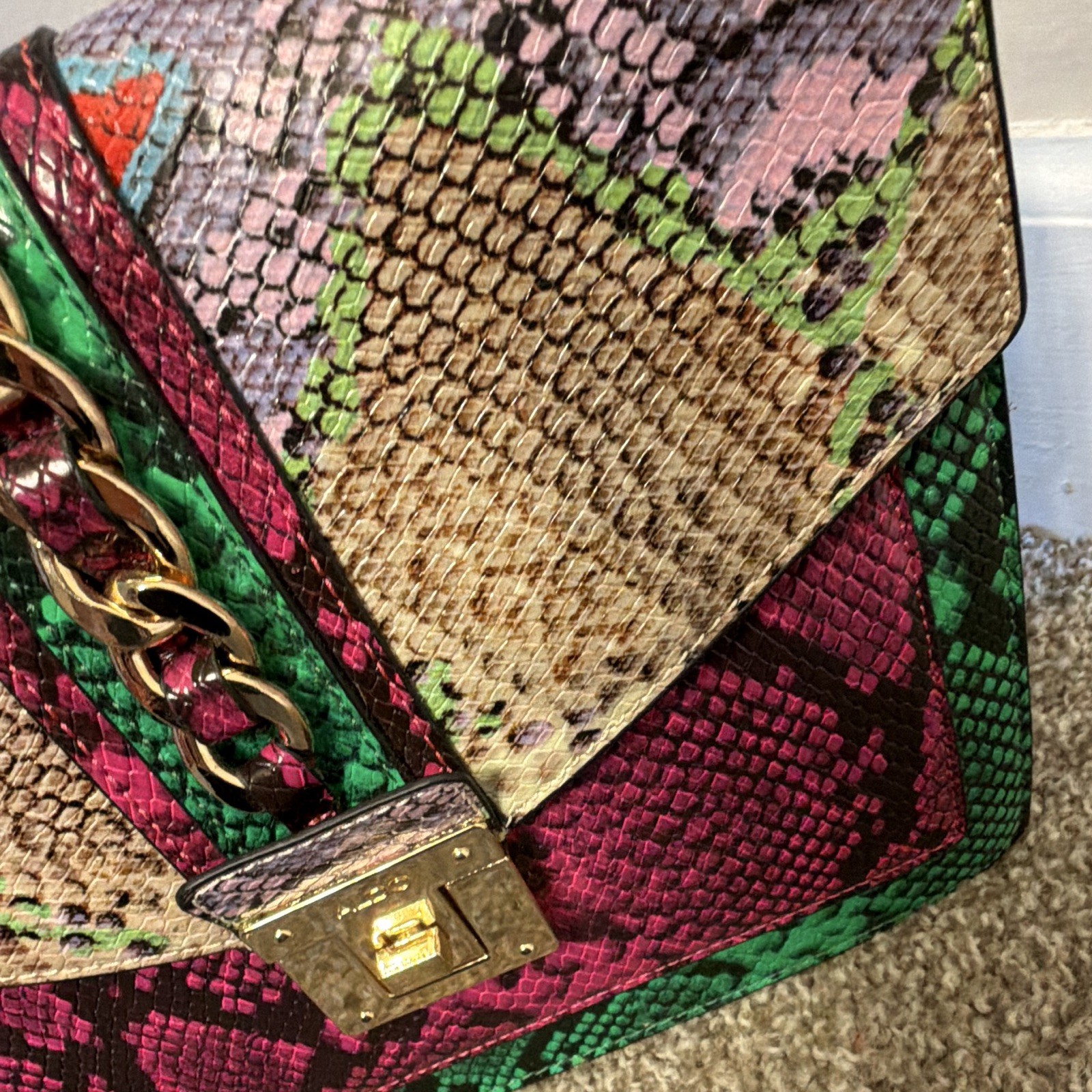 Women’s Multicolor Snake Print Satchel Top Handle, Gold Tone Chain Turn Lock