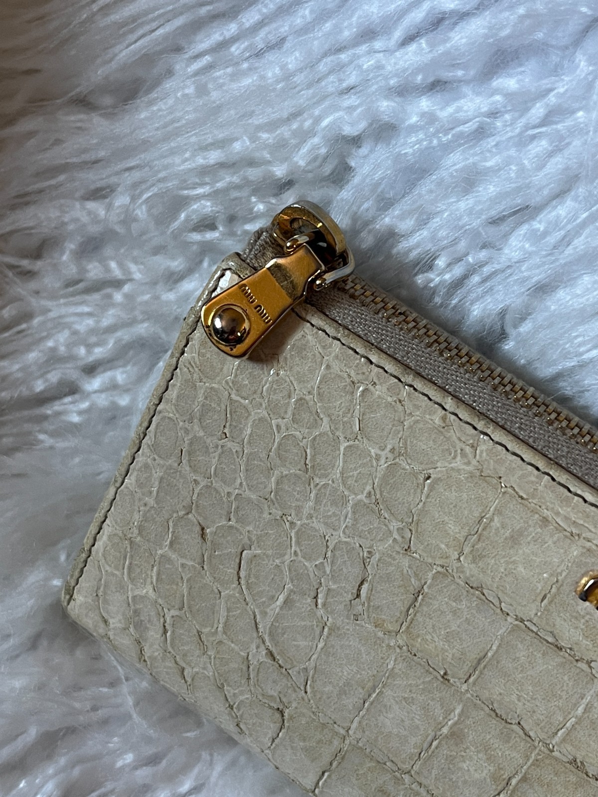 Miu Miu Beige Croc Embossed Zip Clutch Wallet