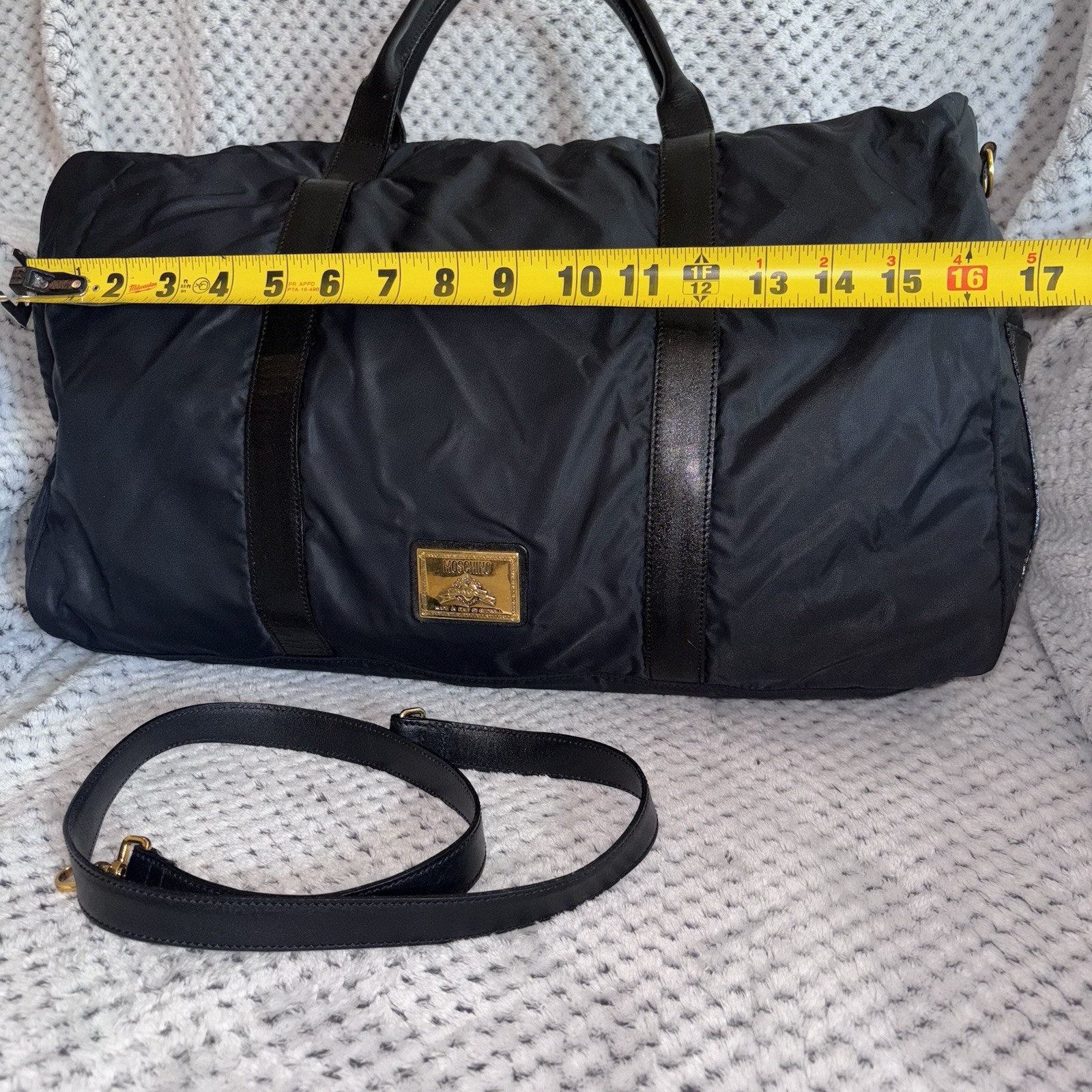 Moschino Redwall Italy Black Nylon Leather Block Leather Duffle Tote Bag “READ”
