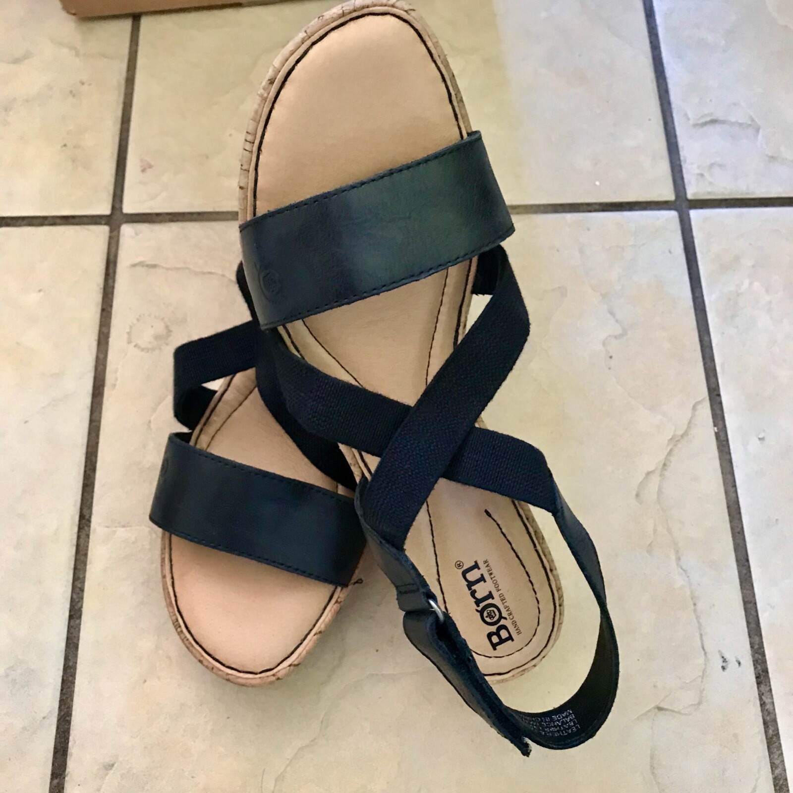 Women Sandals Slingback BORN Cork Wedge Platform Shoes Black Size 9M Excellent