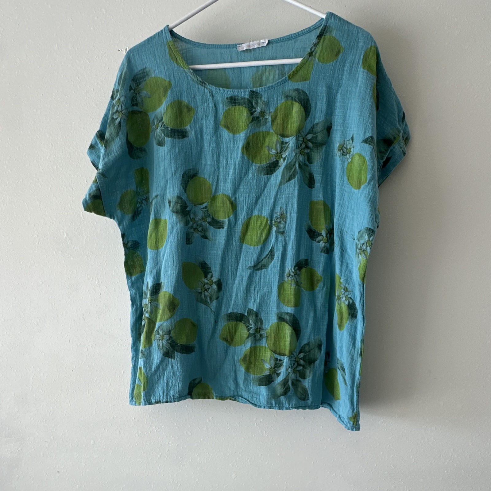 Made in Italy Blouse L Blue Floral True 100% Cotton Round Neck Short Sleeve