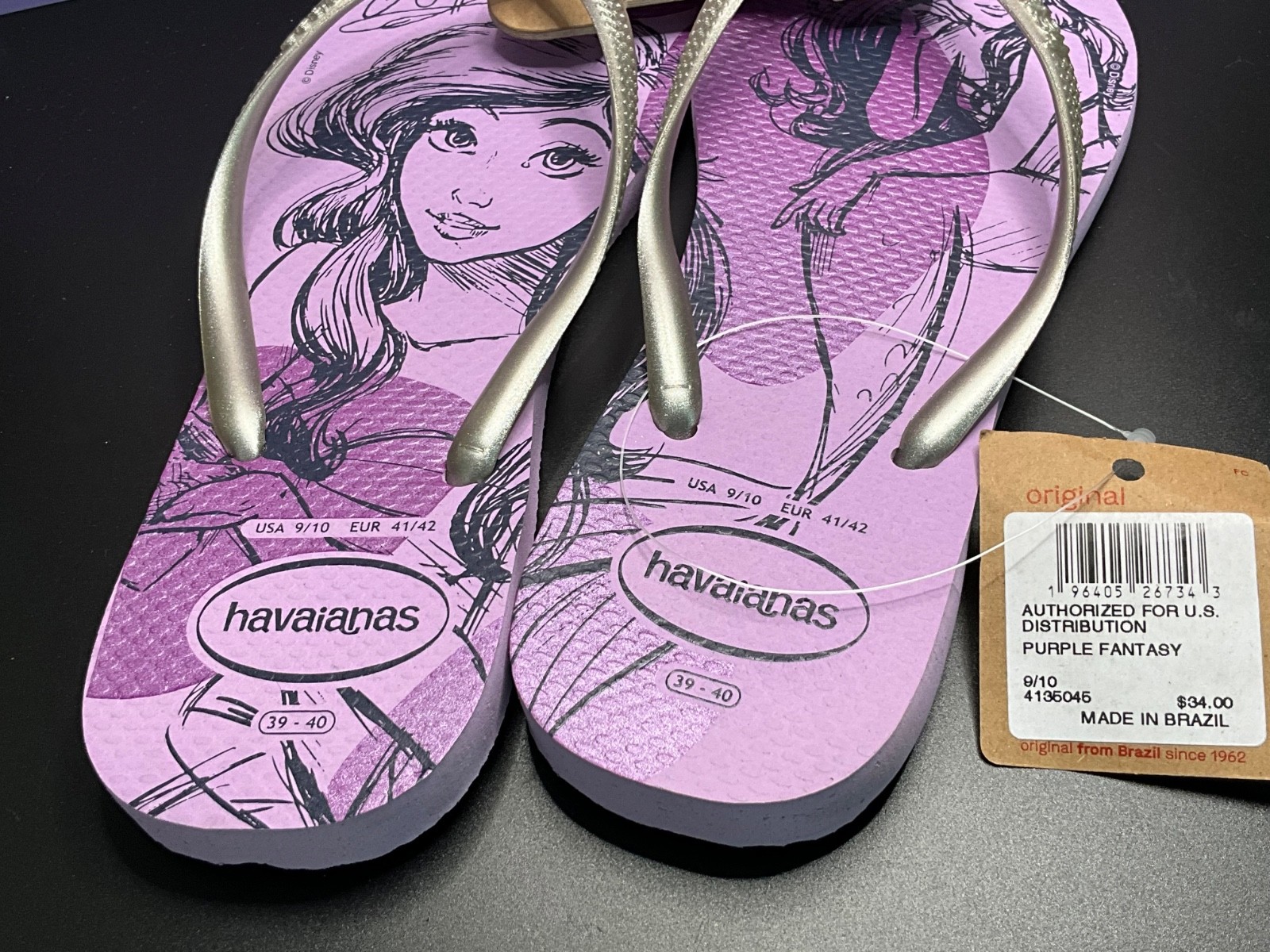 Havaianas Slim Princesas Purple Fantasy Ariel US Women’s 9/10 EUR 41/42 NWT
