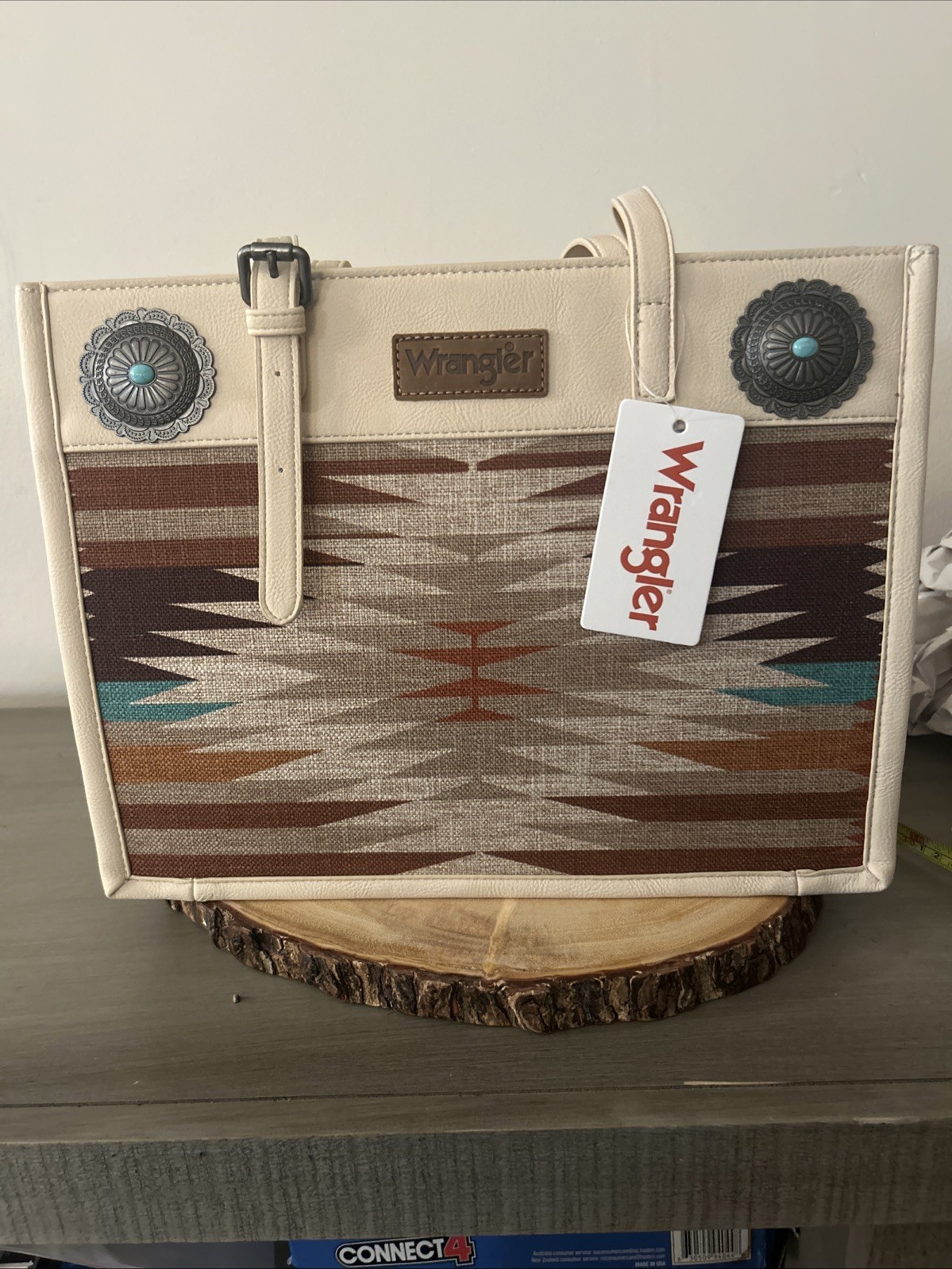 Wrangler Southwestern Aztec Canvas Tote Bag NWT Western Concho Cream Brown Large