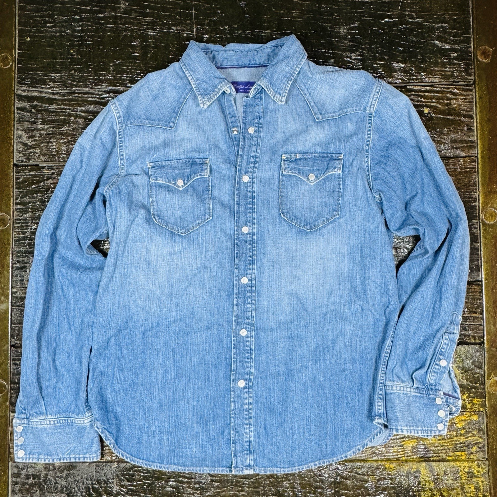 Ralph Lauren Purple Label Denim Western Shirt Size L — Mid Wash / Made In Italy