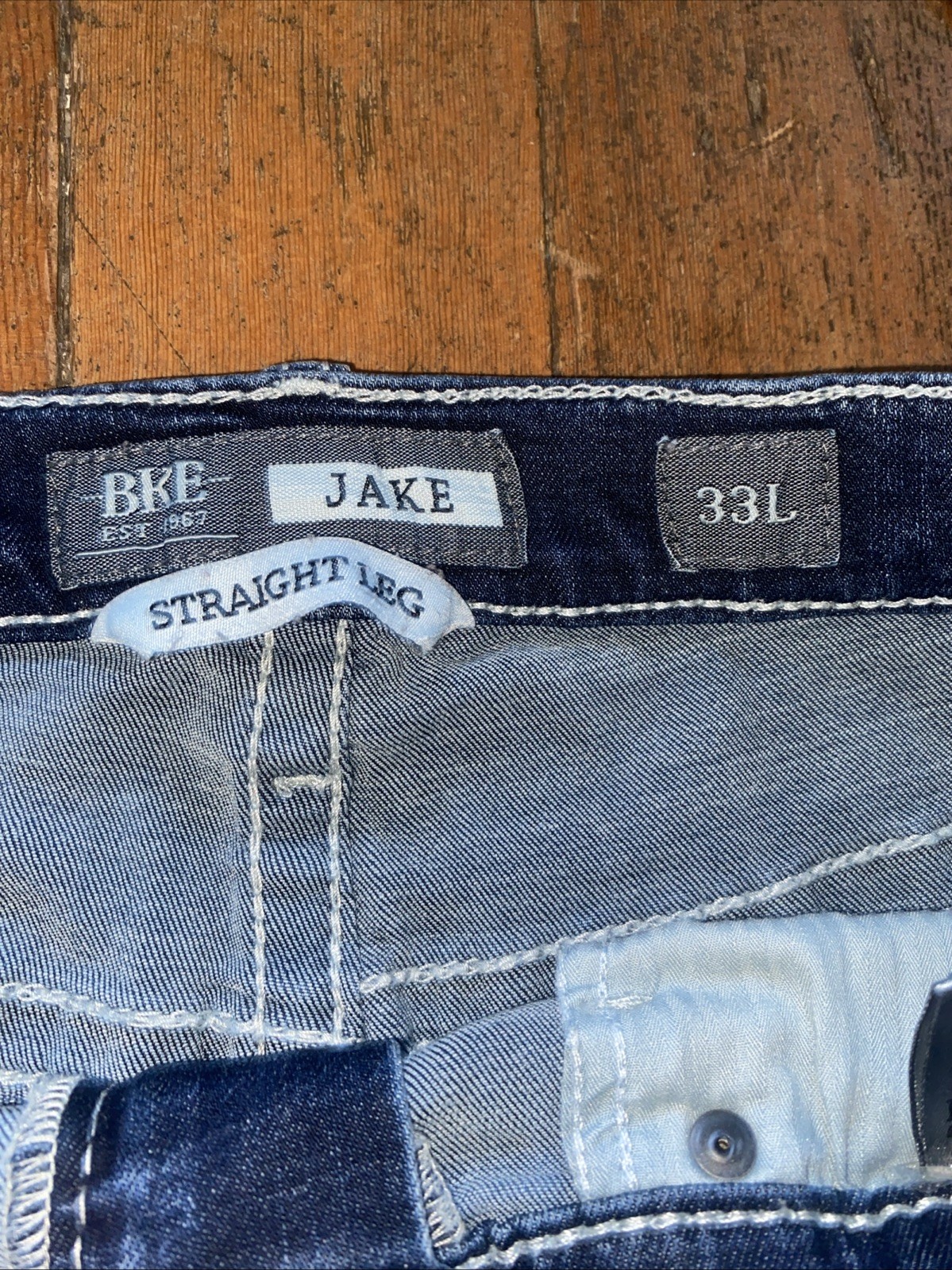 BKE Buckle Jake Mens 34×33 Thick Stitch Blue Denim Jeans Whiskers Stretch