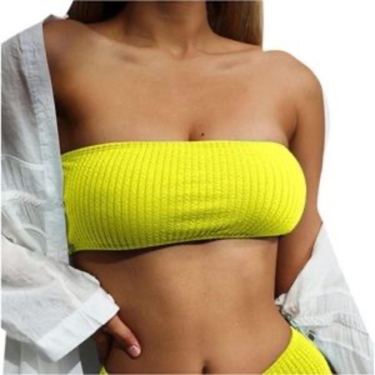 NWT Good American Crinkle Basic Bandeau Bikini Top Electric Yellow 1/2 US S/M