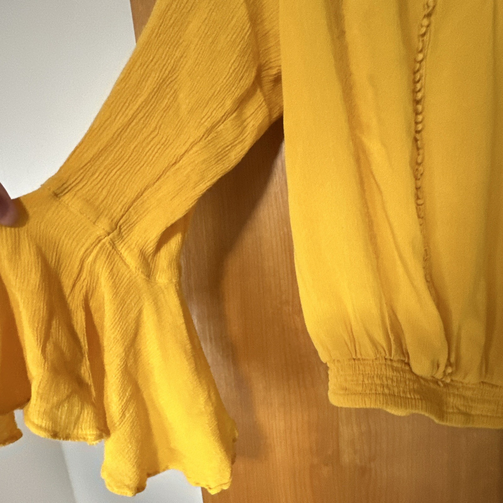 Express XS Yellow Solid Woven Lace Yoke Scoop Neck Long Bell Sleeve Blouse