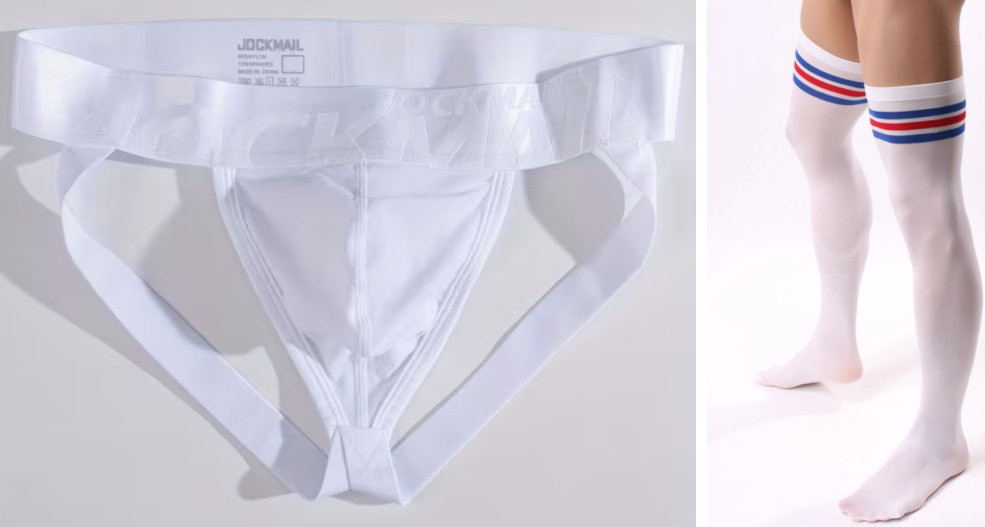 JOCKMAIL White MicroMesh Jockstrap w/ Thigh High Stockings. Size X-Large 38″