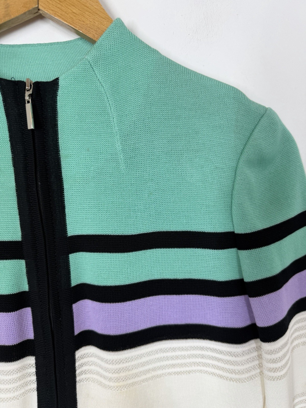 Ming Wang Cardigan Jacket Size Medium Stripe White Black Purple Green 3/4 Sleeve