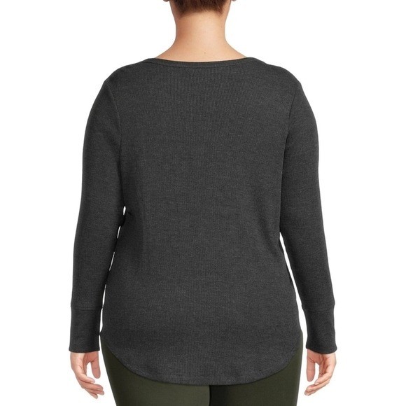 Terra & Sky Womens 1X Plus Black Soot Waffle Knit Henley Long Sleeve Top NEW