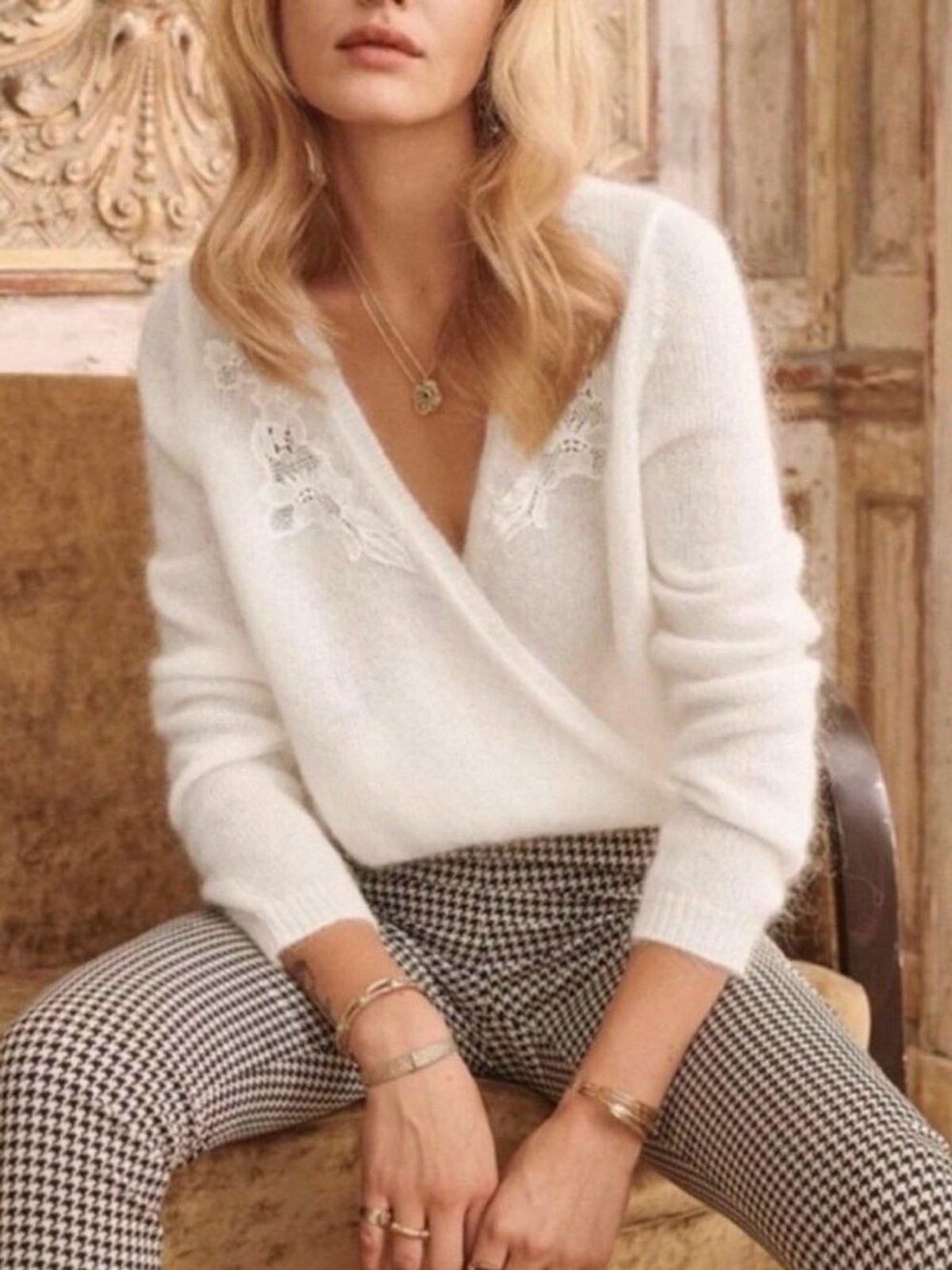 EUC Sezane Timothee Mohair Wool Embroidered Sweater Ecru NO SIZE TAG S fit