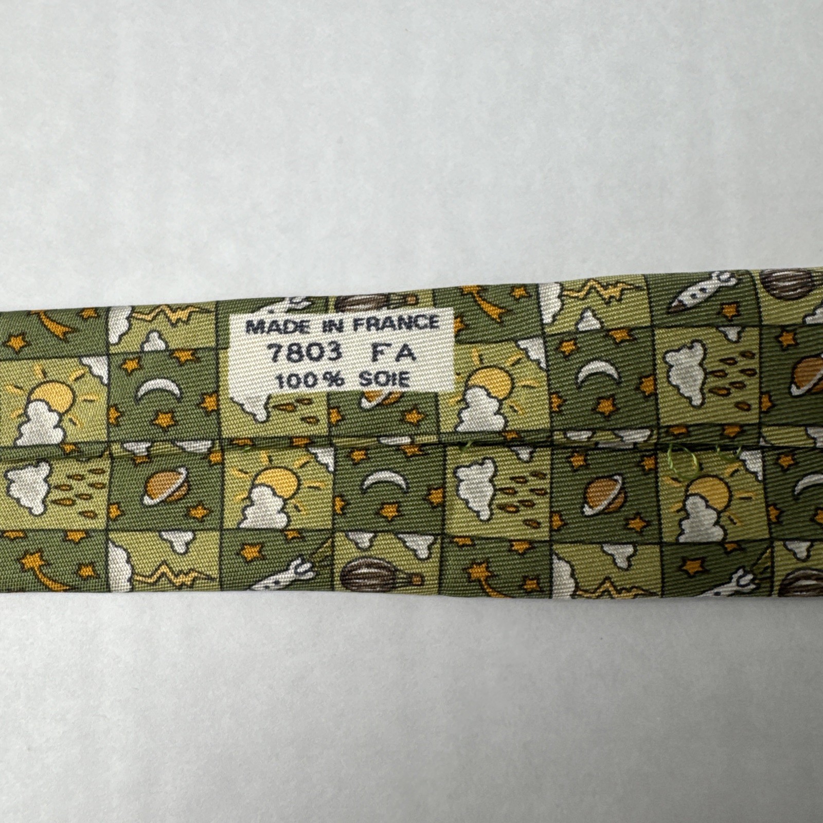VTG Hermes Silk Tie Green Space Rockets Hot Air Balloons Novelty Print 7803 Mens