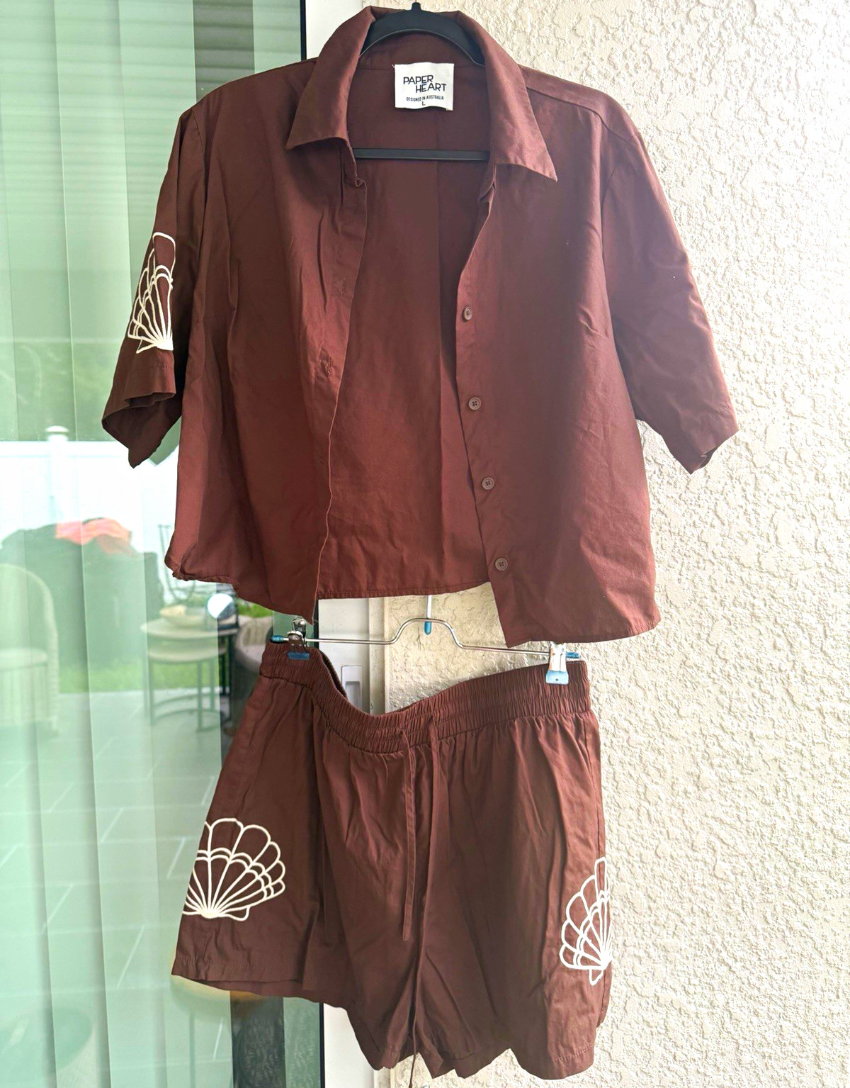 Paper Heart Brown Embroidered Button-Up Shirt & Shorts Set L Elastic Waist