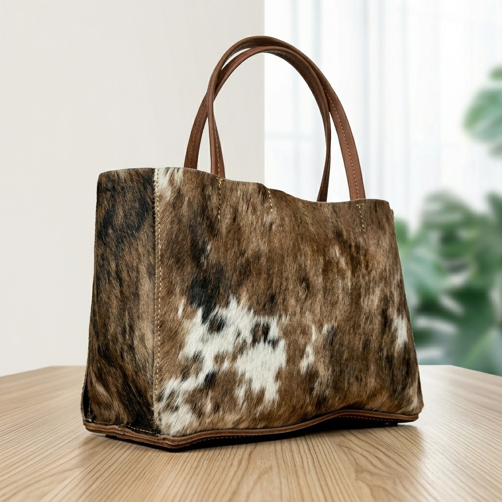 Women’s Brown White Cowhide Leather Tote Genuine Hair On Hide Shoulder Bag.