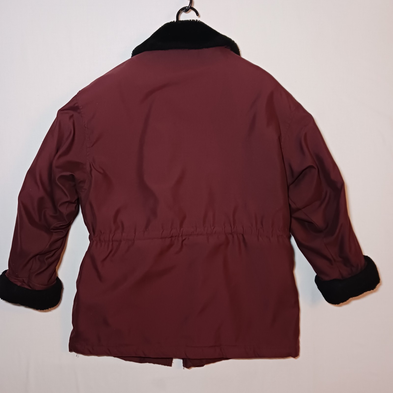 Vintage Larry Levine Womens Microfibre Coat Medium Burgundy Faux Fur Trim