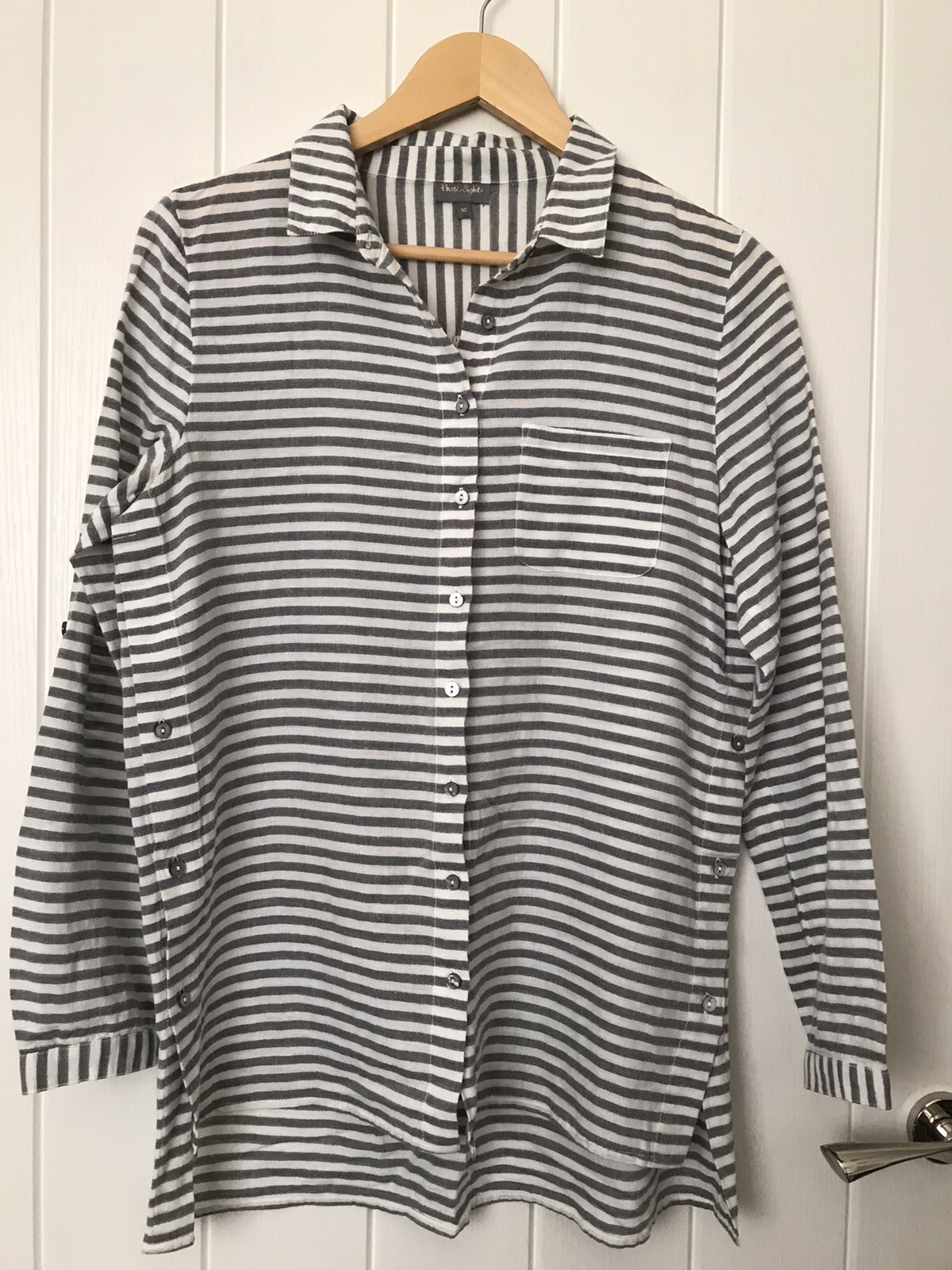 Phase Eight Soft Cotton Grey White Striped Artisan Shirt Blouse Top size UK 10