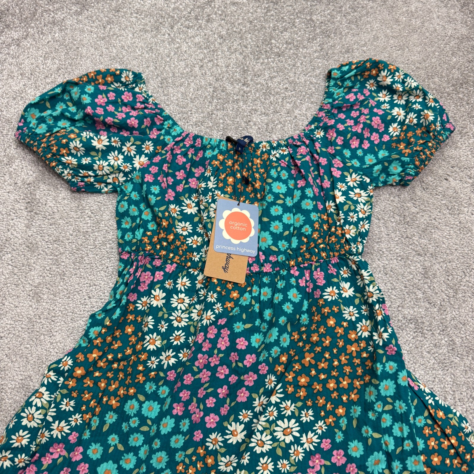 Princess Highway Teal Wendy Floral Mini Dress Womens 8 Blue Puff Sleeve Boho NWT