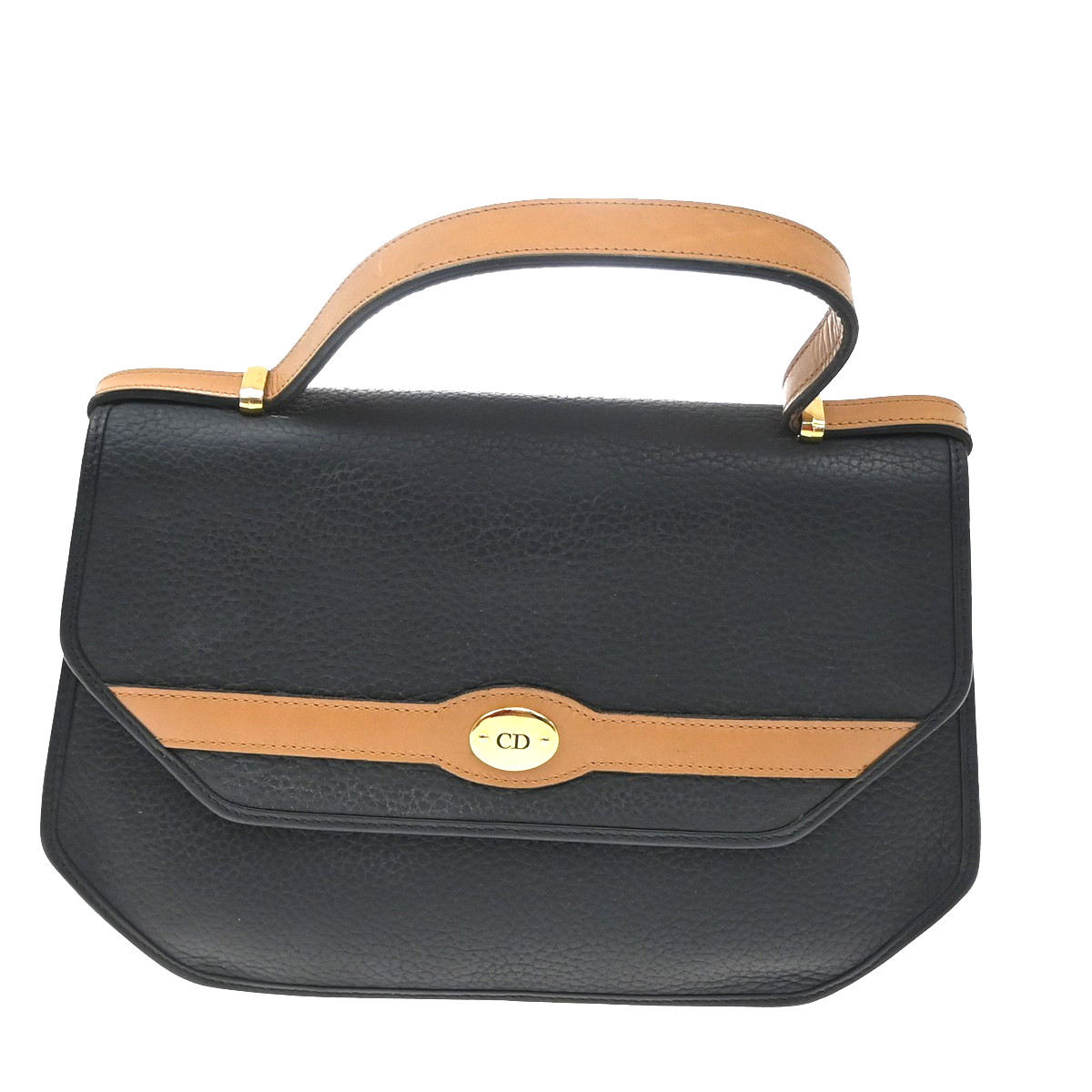CHRISTIAN DIOR CD Logo Hand Bag Leather Black Brown GHW France 60KD376