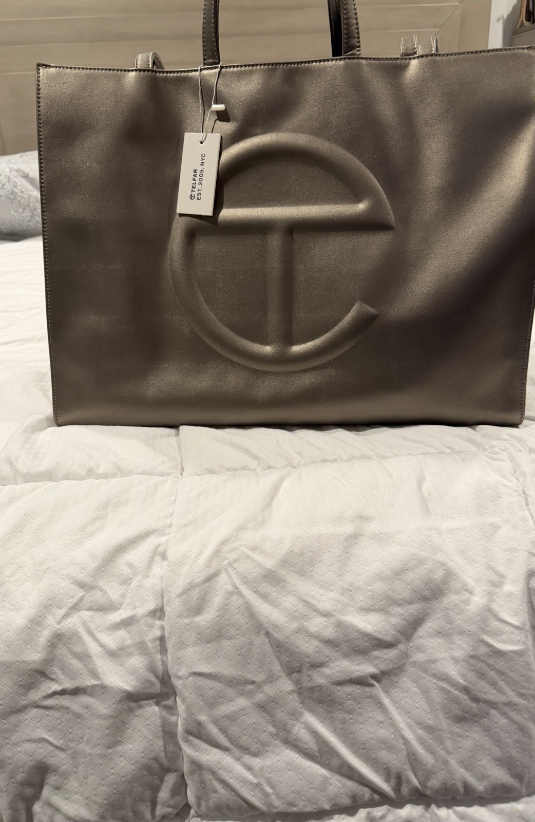 Telfar Gray Logo Embossed Tote w/ Magnetic Closure Double Handles Hang Tag