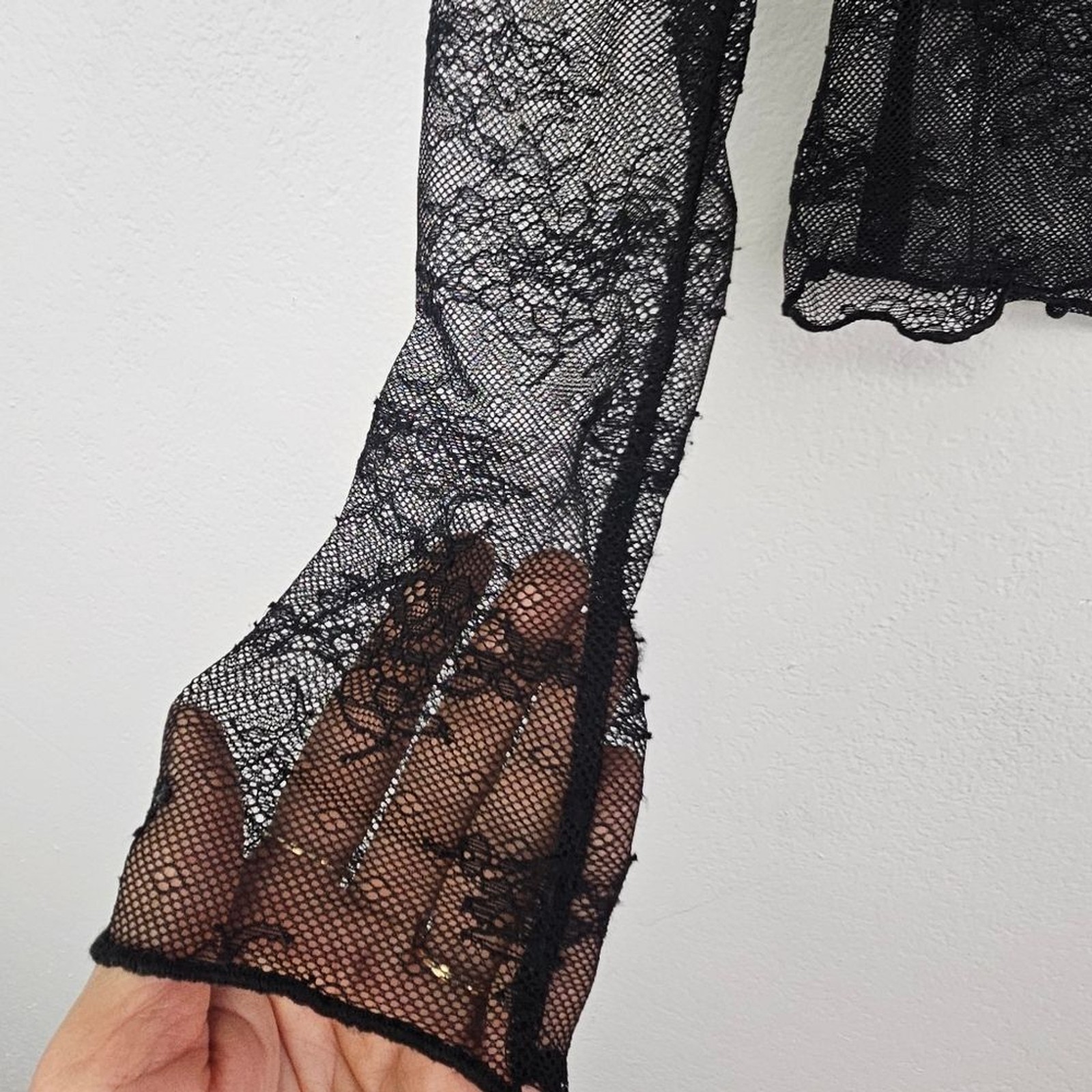 Black Top Embroidered Lace Sheer Long Sleeve Sz M Dark Fairy Whimsigoth