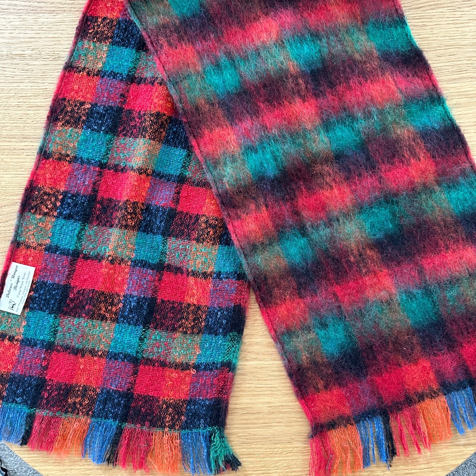 DOLORES Unique Design Mohair Wool Fringe Scarf Plaid Camp Wood Texas