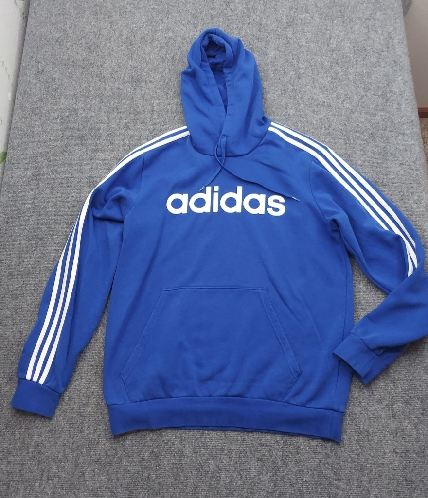 Adidas 3 Stripe Hoodie Mens Large Blue Sweatshirt Kangaroo Pocket Spellout
