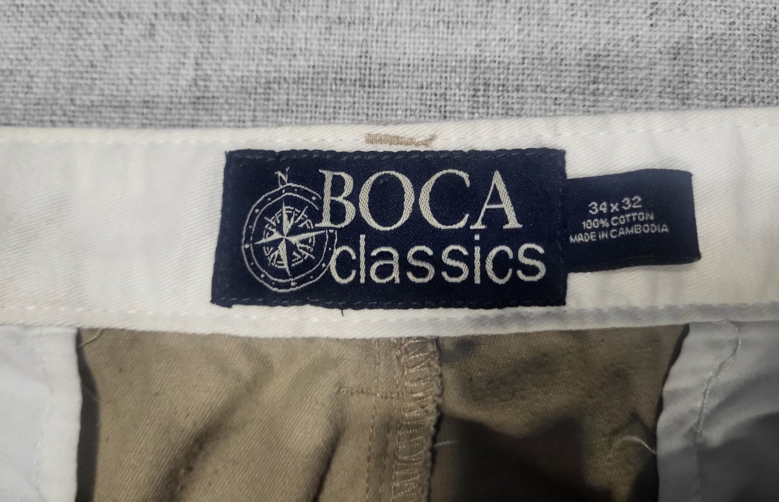Boca Classics Beige Cotton Twill Chino Pants Classic Fit Flat Front Straight 34