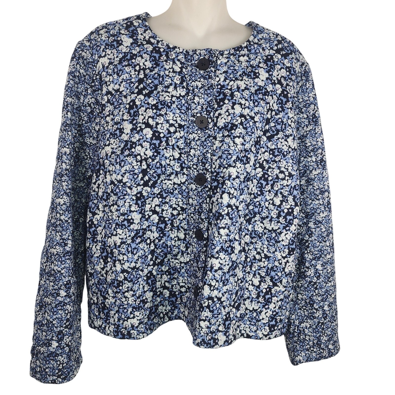 J Jill Womens Quilted Button Front Floral Jacket M Boho Chic Blue White Cottage