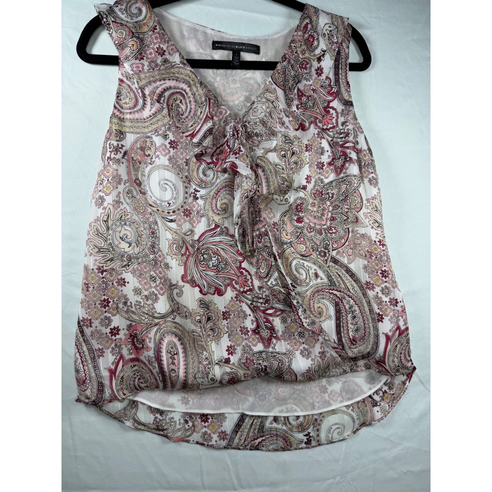 White House Black Market Paisley Ruffle V-Neck Sleeveless Blouse Pink Metallic 6