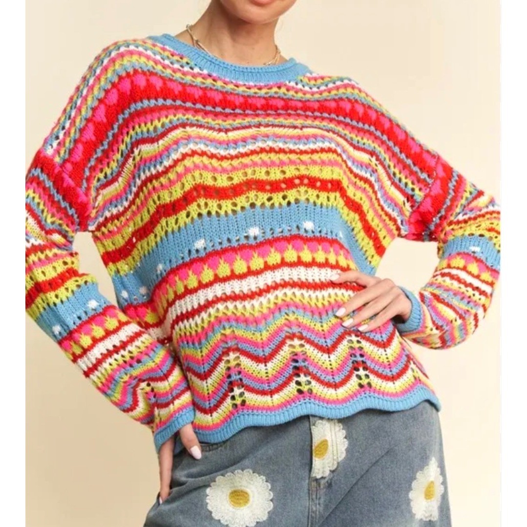 Davi & Dani Multicolor Boho Chevron Crochet Knit Sweater – Medium