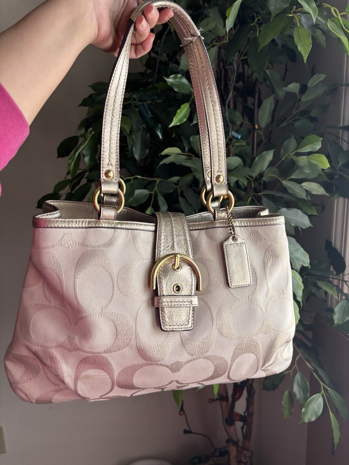 Coach Soho Signature C Jacquard Tote Bag Purse Metallic Silver