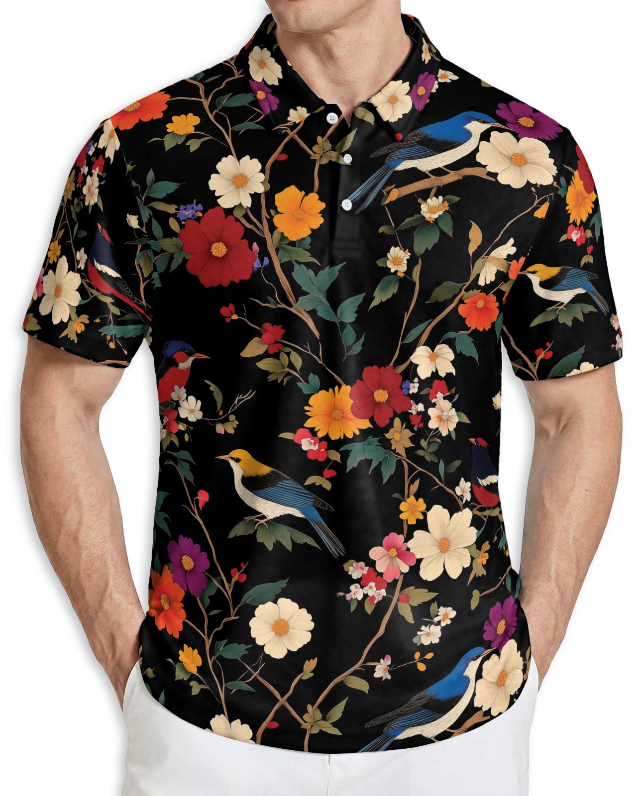 Men’s Polo Shirt Bird Flower Floral Golf Shirt Gift for Bird Lovers