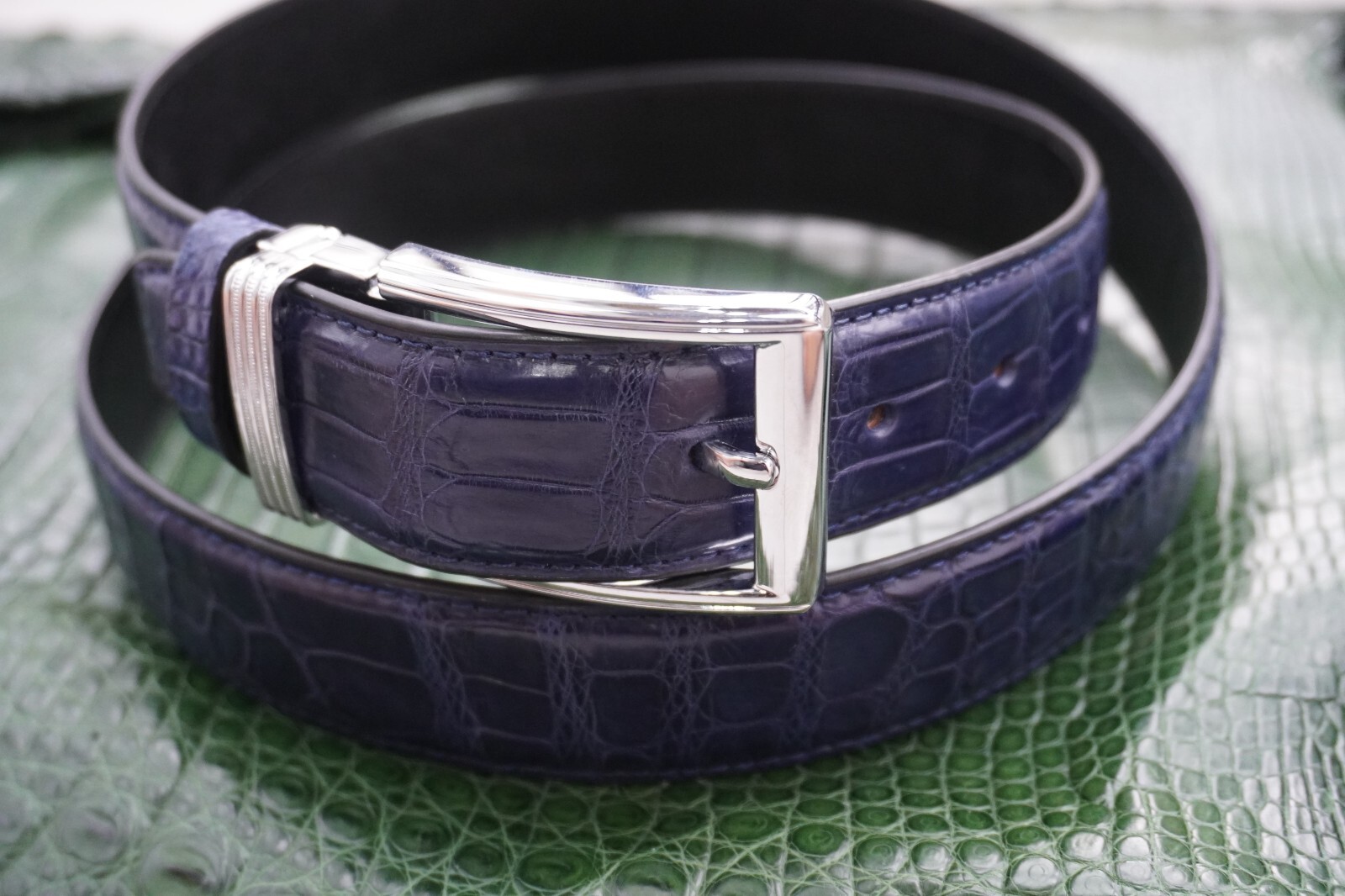 W1.3 inch Blue Real Crocodile Belly Leather Skin Men’s Belt Pin Buckle #L30