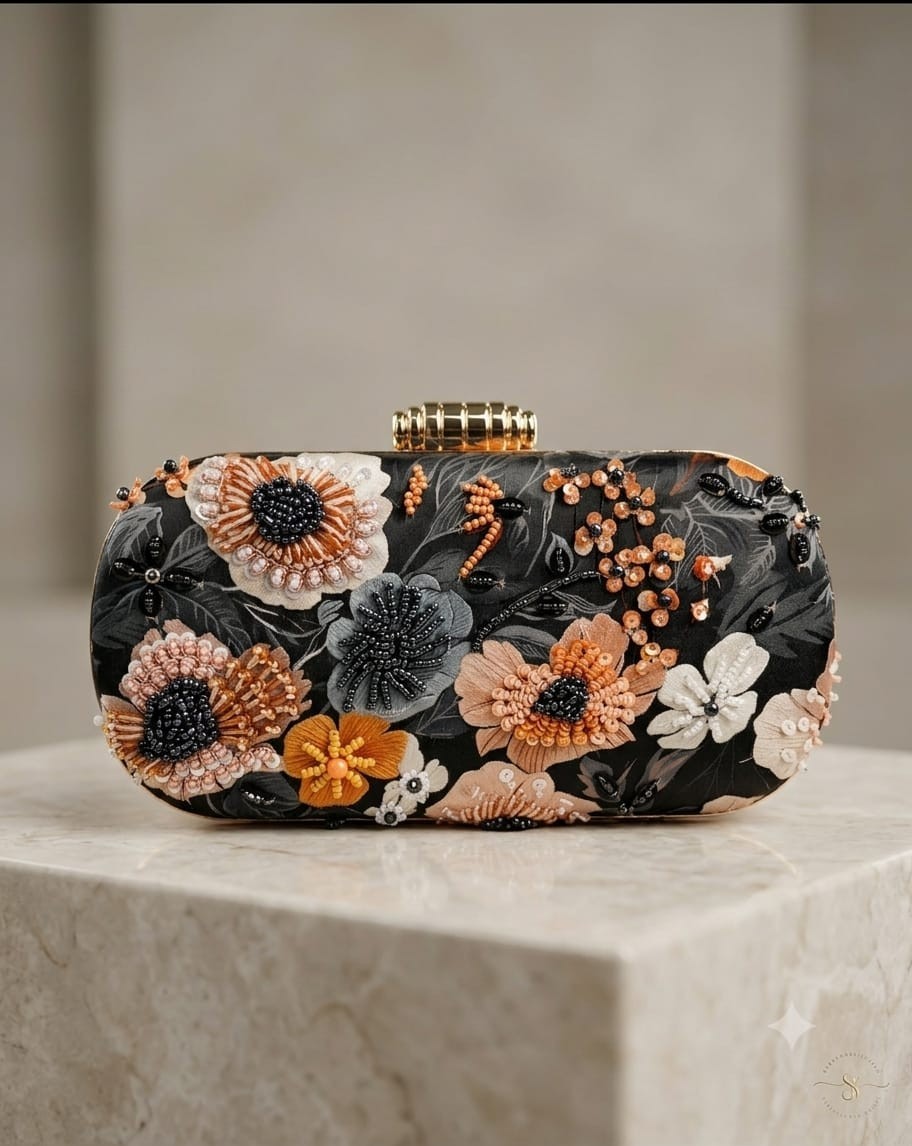 Luxury Evening Clutch Bag Leaf Artisan Sequin Work Gold Boho Embroidered Handbag