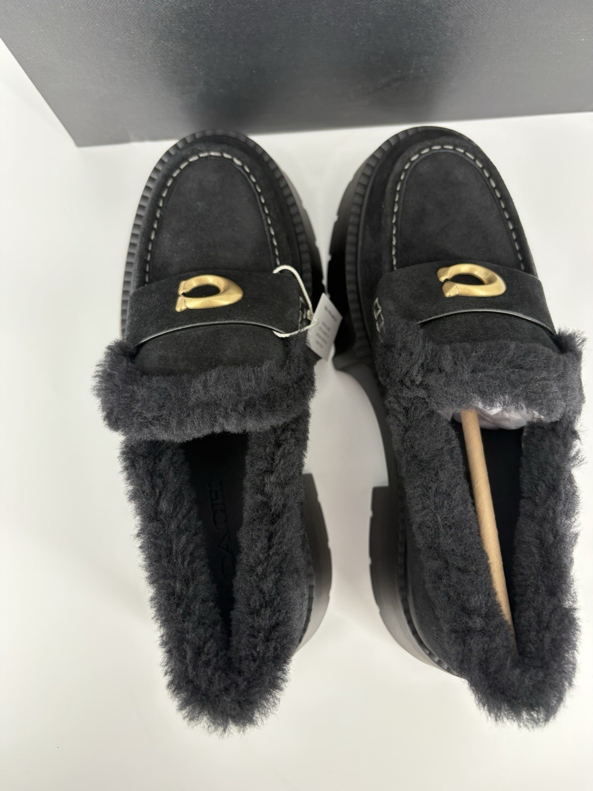 COACH Sz 7 Leah Loafers $250 Retail NWB Black Suede Shearling Logo