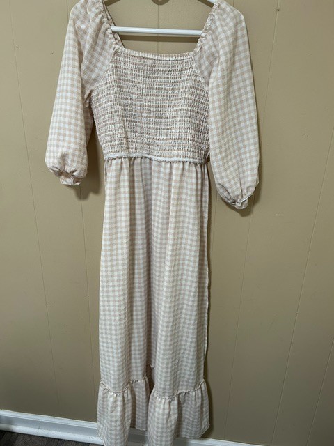 Indigo Rose Gingham Maxi Dress M Beige Smocked Cottagecore Prairie Milkmaid